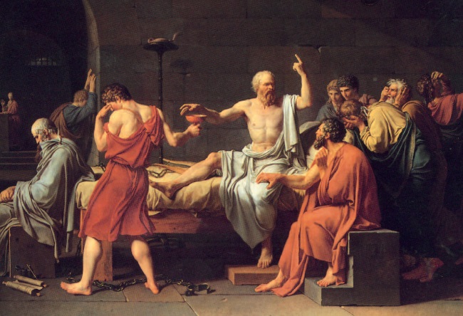 Ein gefaßter und noch immer lehrender Sokrates greift zum Giftbecher, während seine Schüler trauern.