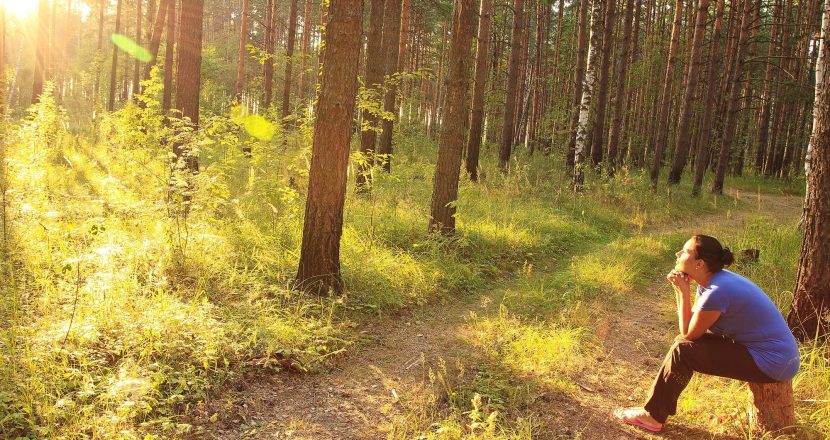 Eine Frau sitzt im Wald