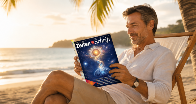 Ein Mann am Strand liest die ZeitenSchrift.