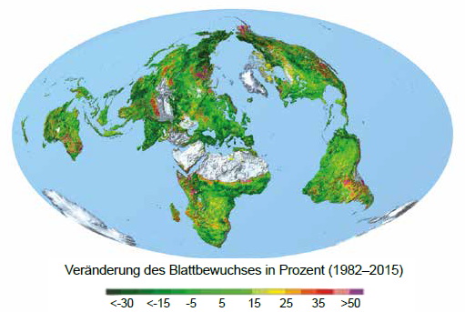 Lebenselixir für Pflanzen: Dank CO2 hat die globale Laubfläche in den letzten Jahrzehnten zugenommen (sämtliche grün gefärbte Bereiche).