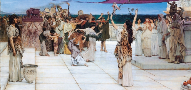 Sir Lawrence Alma-Tadema läßt in einigen seiner Bilder die Schönheit der Antike wieder aufleben. Hier zeigt er einen Ritus zu Ehren des Gottes Dionysos, auch Bacchus genannt.