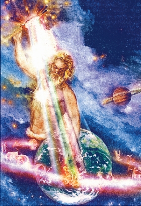 Symbolische Darstellung eines „Lenkers der Strahlen“, welche die sieben Strahlen aus der Tiefe des Universums empfängt, um sie dann heruntertransformiert auf die Erde zu leiten.