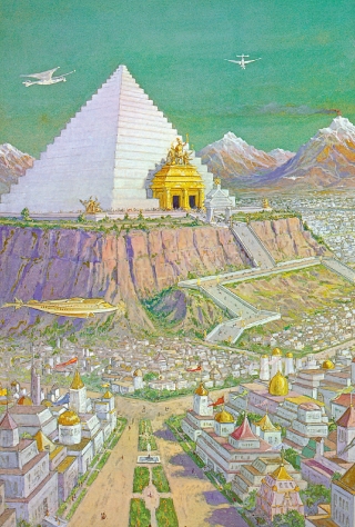 Idealistische Darstellung eines atlantischen Mysterientempels. Die Pyramiden wurden nach den Maßen der göttlichen Geometrie erbaut.
