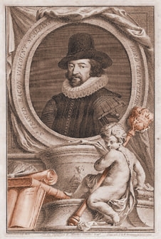 Dieses Bildnis Bacons weist mit dem Zepter (rechts) auf seine königliche Herkunft hin und mit den Büchern auf sein geistiges Werk, das die Zeit überdauerte.