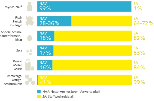 Verhältnis von Nettostickstoffverwertbarkeit (NAV) zu Stickstoffabfall bei Nahrungsproteinen im Vergleich zu der von Prof. Dr. Lucà-Moretti entwickelten MyAmino®-Nahrungsergänzung.