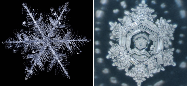 Auch Schneeflocken basieren in ihrer filigranen Einzigartigkeit auf der Sechseckstruktur – genauso wie die Wasserkristallbilder von Masaru Emoto (rechts).
