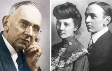 Edgar Cayce in jungen Jahren mit seiner Frau Gertrude (rechts) und gegen Ende seines Lebens, nachdem er über zweitausend Botschaften zu früheren Verkörperungen gegeben hatte.