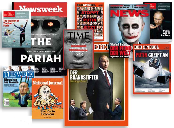 Alles nur Propaganda? Nachrichtenmagazine der „freien Welt“ stellen den Präsidenten Russlands als Kriegsgurgel mit blutigen Händen dar, der am liebsten ein Zar wie Iwan der Schreckliche werden möchte.